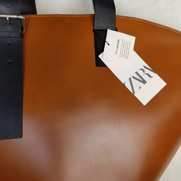 ZARA XXL Leather Bucket Tote Brown with Black Handles - Picture 14 of 16